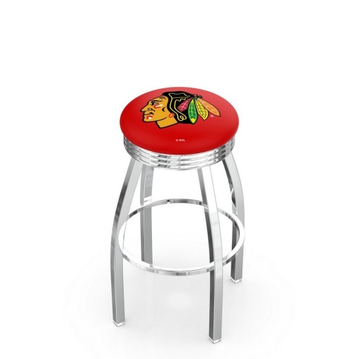 L8c3c Chrome Chicago Blackhawks Swivel Bar Stool With 2.5" Ribbed Accent Ring By Holland Bar Stool Company Red