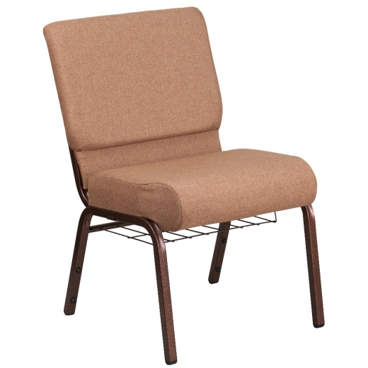 Hercules Series 21''W Church Chair In Caramel Fabric With Cup Book Rack Copper Vein Frame
