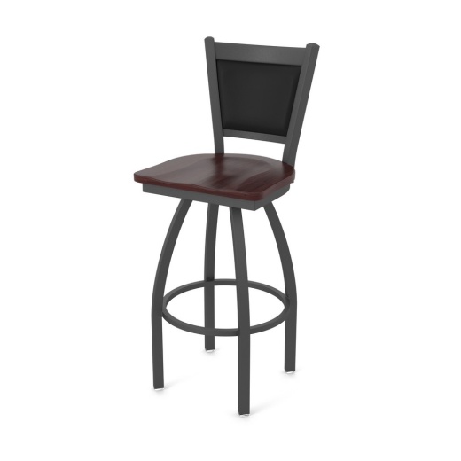 870 Hadleigh Swivel Stool With Pewter Finish And Dark Cherry Maple Seat And Black Vinyl Back