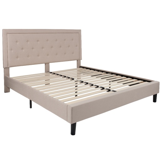 Roxbury King Size Tufted Upholstered Platform Bed In Beige Fabric