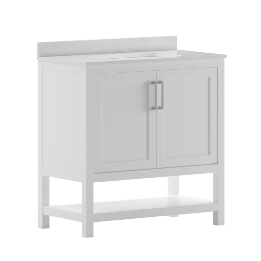 Vega 36 Inch Bathroom Vanity With Sink Combo, Storage Cabinet With Soft Close Doors And Open Shelf, Carrara Marble Finish Countertop, White/White