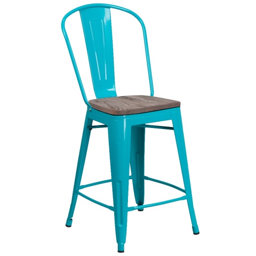 Carly 24" High Crystal Tealblue Metal Counter Height Stool With Back And Wood Seat