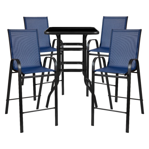 Brazos Outdoor Dining Set 4Person Bistro Set Brazos Outdoor Glass Bar Table With Navy Allweather Patio Stools