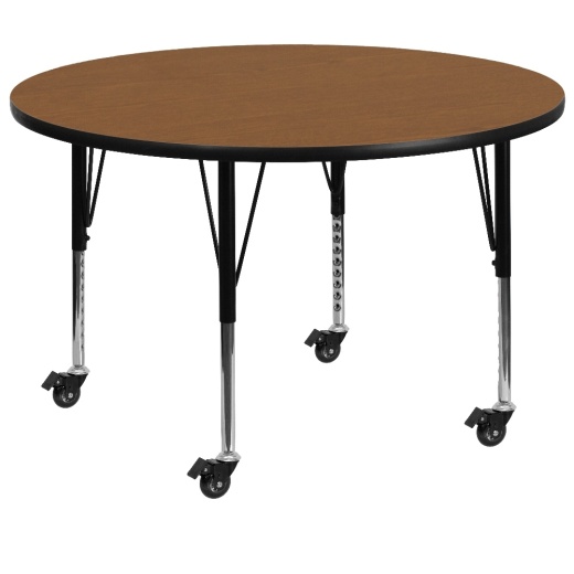 Wren Mobile 60'' Round Oak Thermal Laminate Activity Table Height Adjustable Short Legs