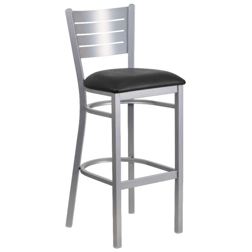 Hercules Series Silver Slat Back Metal Restaurant Barstool Black Vinyl Seat