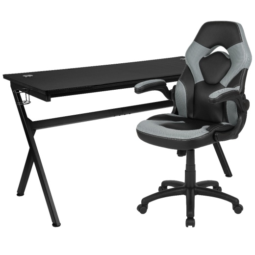 Optis Gaming Desk And Gray/Black Racing Chair Set /Cup Holder/Headphone Hook/Removable Mouse Pad Top 2 Wire Management Holes