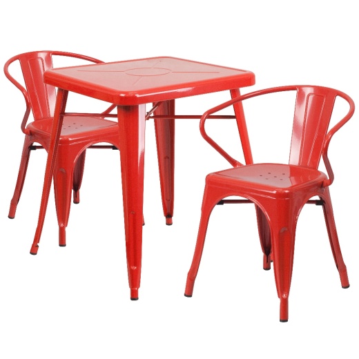 Owen Commercial Grade 23.75" Square Red Metal Indooroutdoor Table Set With 2 Arm Chairs