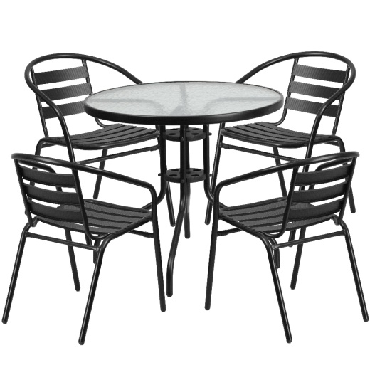 Lila 31.5'' Round Glass Metal Table With 4 Black Metal Aluminum Slat Stack Chairs