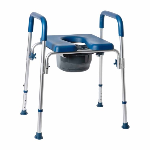 Hercules Blue Shower Commode Chair With Safety Rail, Height Adjustable Frame, Padded Seat & Armrests, Commode Pail With Lid, Fits Most Toilets