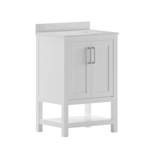 Vega 24 Inch Bathroom Vanity With Sink Combo, Storage Cabinet With Soft Close Doors And Open Shelf, Carrara Marble Finish Countertop, White/White