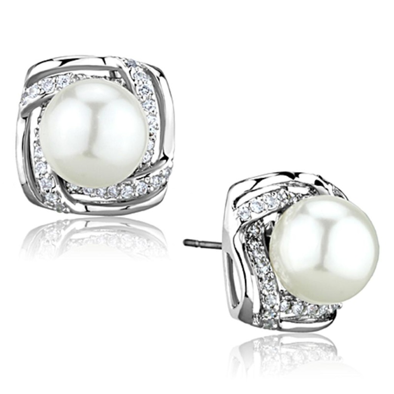 Rhodium Brass Earrings With Synthetic Pearl In White