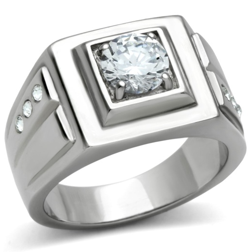 Tk313 High Polished Stainless Steel Ring with AAA Grade CZ in Clear