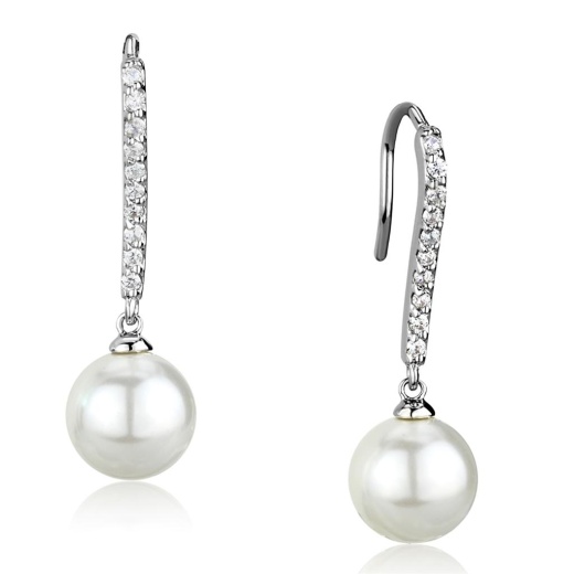 Rhodium Brass Earrings with Synthetic Pearl in White - Alamode