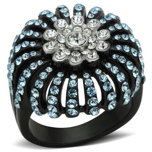 Tk1442 - Two-Tone IP Black Stainless Steel Ring with Top Grade Crystal in Sea Blue