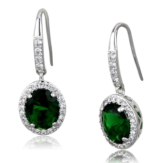 Rhodium Brass Earrings with Synthetic Emerald Glass
