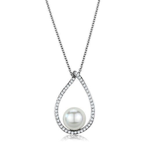 Alamode 3W1036 Rhodium Brass Chain Pendant with Synthetic Pearl in White