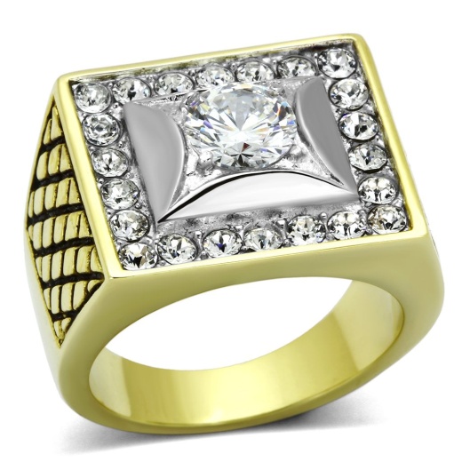 Alamode Tk1061 Two-Tone IP Gold Stainless Steel Ring with AAA Grade CZ in Clear