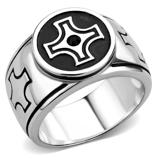 Tk3617 - High Polished (No Plating) Stainless Steel Ring With Top Grade Crystal In Jet
