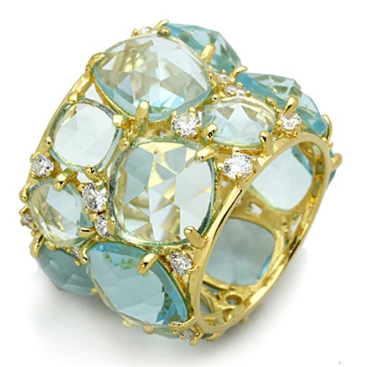Los766 Gold 925 Sterling Silver Ring with Synthetic Glass in Sea Blue - Alamode