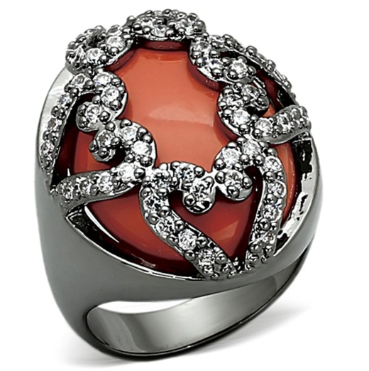 Alamode Loa886 - Ruthenium Brass Ring With Synthetic Cat Eye In Orange