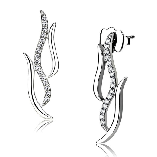 Alamode High Polished Stainless Steel Earrings with AAA Grade CZ in Clear