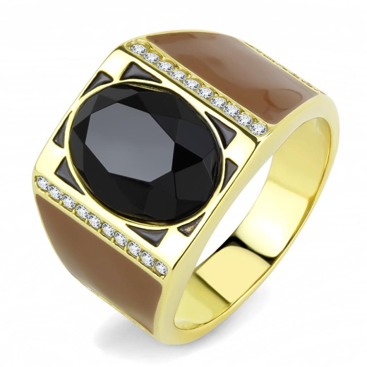 Tk3465 - Ip Gold Stainless Steel Ring with Synthetic Onyx in Jet