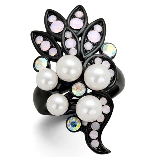 Tk2138 - Ip Black Stainless Steel Ring With Synthetic Pearl In Light Rose