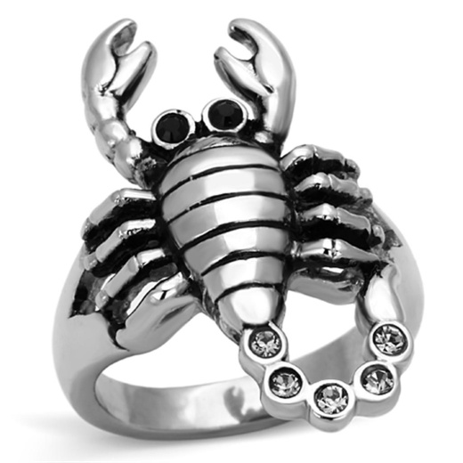 Tk1135 - High Polished Stainless Steel Ring With Top Grade Crystal In Jet