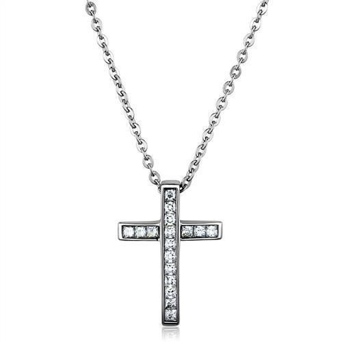 Alamode Tk1858: High Polished Stainless Steel Chain Pendant with AAA Grade CZ in Clear