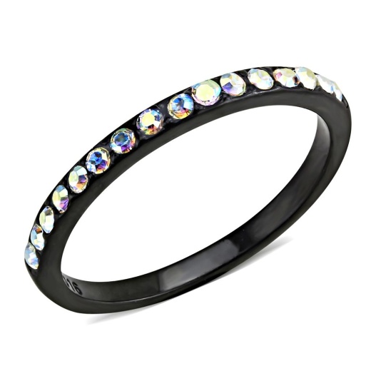 Alamode Tk3556 - IP Black Stainless Steel Ring with Top Grade Crystal in Aurora Borealis Effect