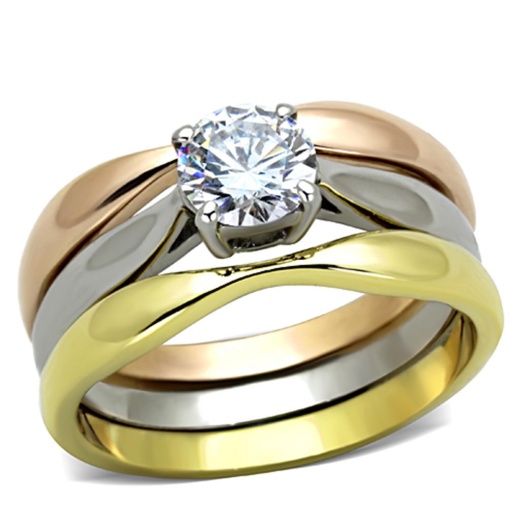 Alamode Tk1278 Three Tone Stainless Steel Ring with AAA Grade CZ in Clear