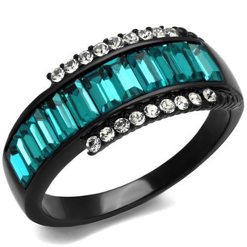 Alamode Tk2190 - IP Black Stainless Steel Ring with Top Grade Crystal in Blue Zircon