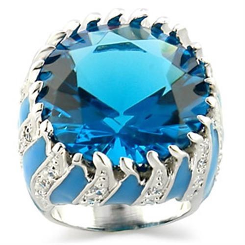 Alamode 9W189 Rhodium Brass Ring with Synthetic Glass in Sea Blue