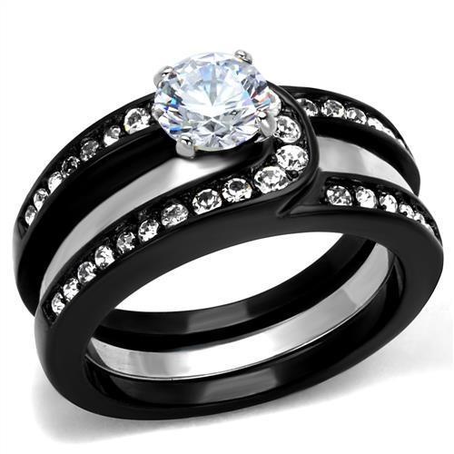 Alamode Tk2303 - Two-Tone Ip Black Stainless Steel Ring with AAA Grade CZ in Clear