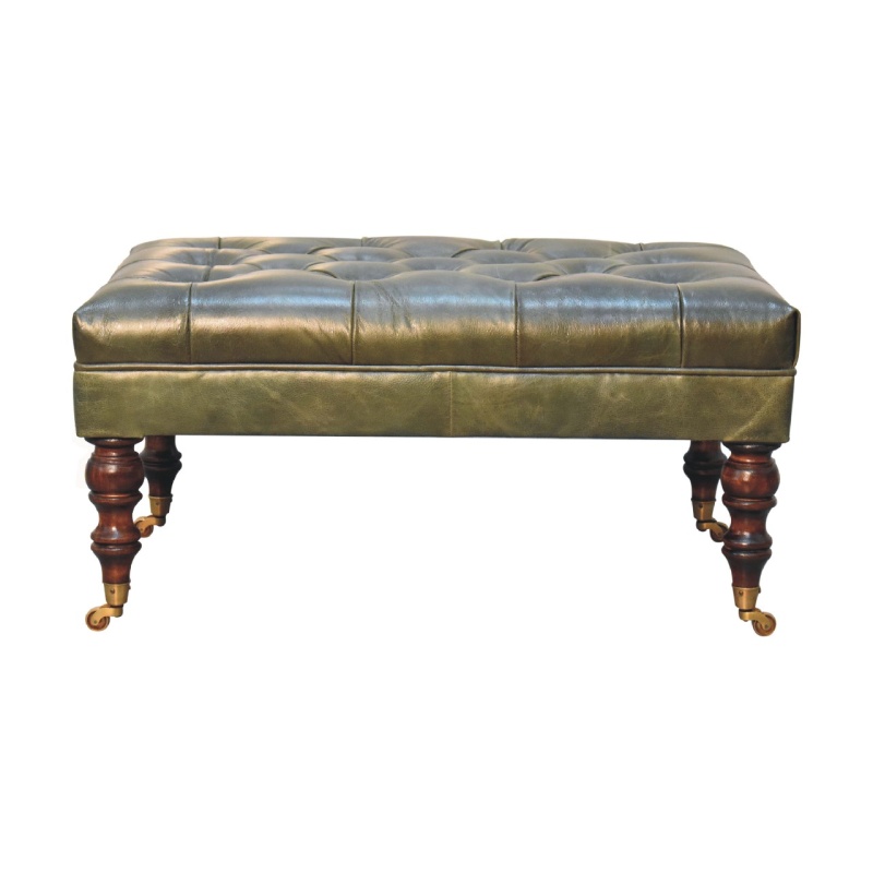 Buffalo Green Leather Ottoman With Castor Legs