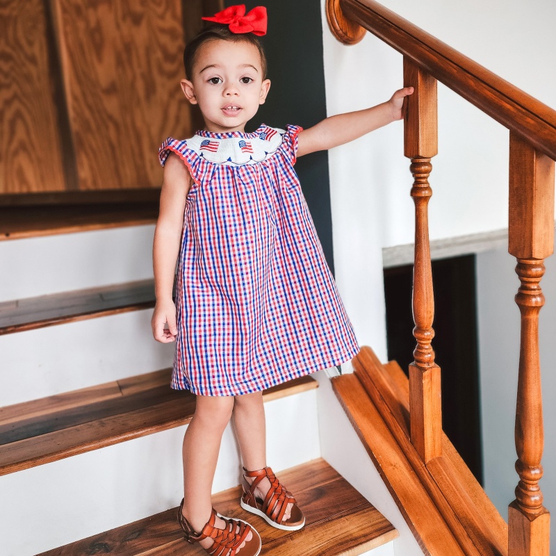 Girls 4Th Of July Patriotic Flags Stripes With Stars Swing Dress