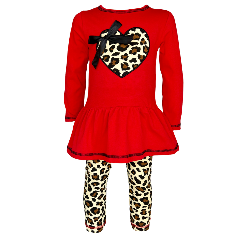 Annloren Girls Leopard Heart Holiday Dress Tunic & Leggings Set Outfit