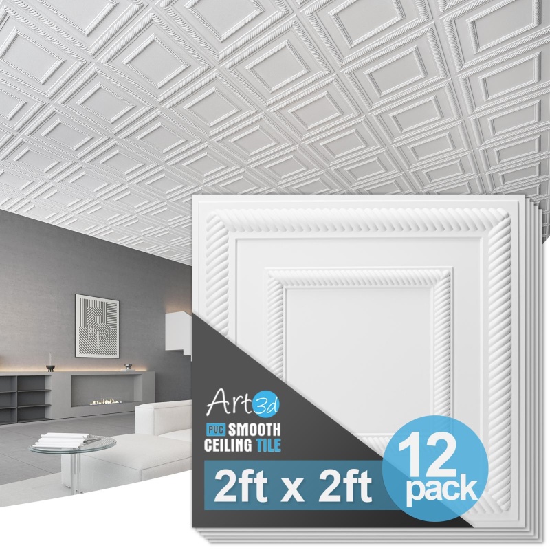 Art3d 12 Pack 24"X24" Pvc Lightweight Drop Ceiling Tile, 2X2 Ft Water-Resistant Ceiling Panels To Prevent Breakage