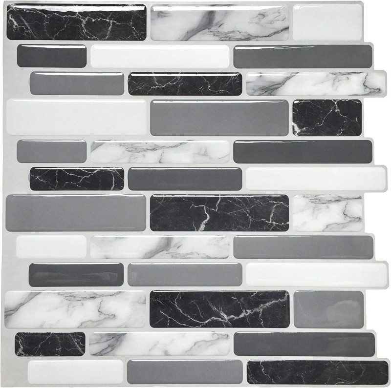 A17042 - Grey Marble Peel And Stick Backsplash Tiles, 12"X12" Set Of 10