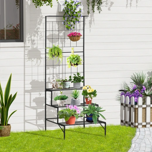 Outsunny 3-Tier Hanging Plant Stand With Grid Panel, Planter Shelves Flower Pot Organizer Rack, Multiple Flower Pot Display Holder Shelf
