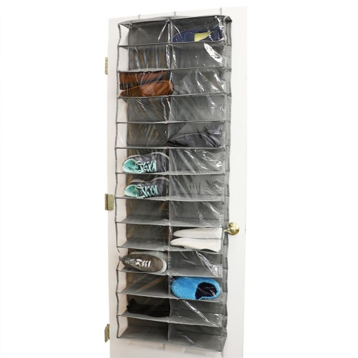 12 Pieces Home Basics 26 Compartment Over The Door Shoe Organizer (Non-Woven Fabric), Grey/Clear