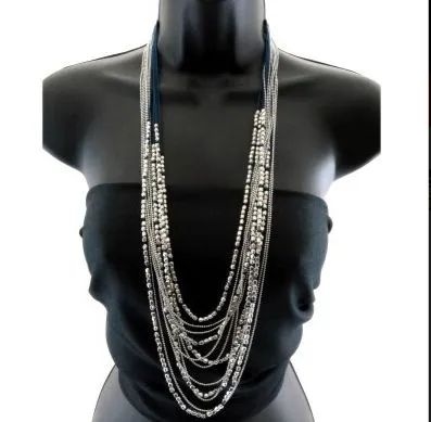 12 Pieces Long High Fashion Multi Layered Ball Chain Necklace With A Few Strands Of String With Beads - Necklace