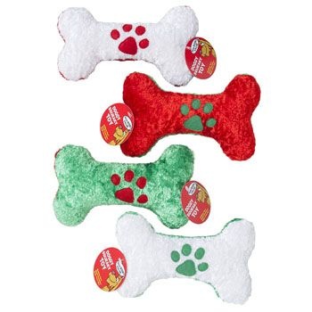36 Pieces Dog Toy Christmas Chenille Bone W/Paw Print Icon 8In In Pdq 4 Colors W/Squeaker - Hangtag - Pet Toys