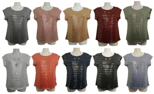 48 Pieces Womens Assorted Color Shimmer Tee With Neckace - Women's T-Shirts