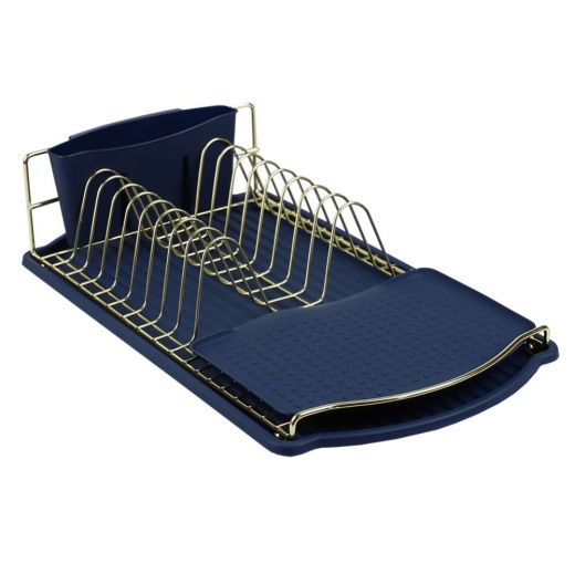 6 Pieces Michael Graves Design Gold Finish Steel Wire Compact Dish Rack With Oversized Utensil Holder, Indigo