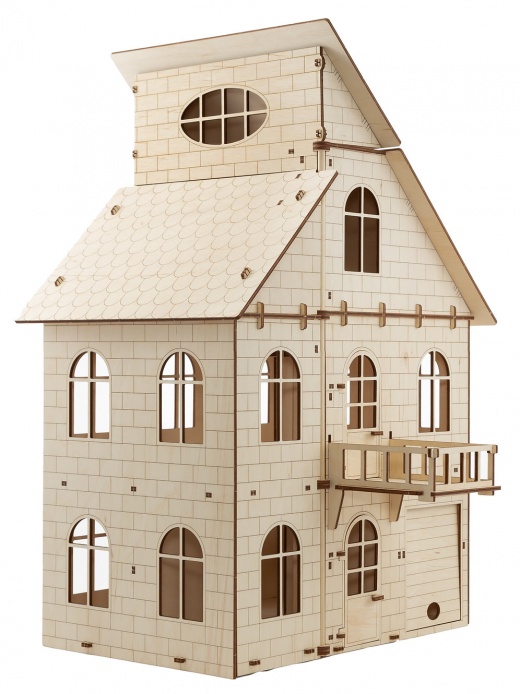 Doll House Construction Kit - 3-Floor Wooden Dollhouse with Furniture and Mechanical Elevator
