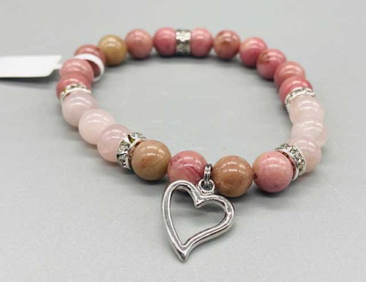 8Mm Rhodonite/ Rose Quartz With Heart Beaded Bracelet