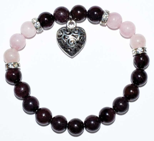 8Mm Garnet/Rose Quartz With Heart Beaded Bracelet