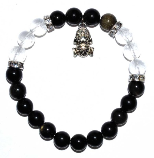 8Mm Obsidian, Goldsheen/ Quartz With Frog Charm