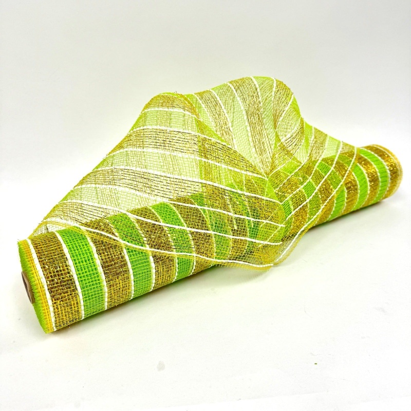 Apple Green With Gold - Poly Deco Mesh Wreath Material With Laser Mono Stripe - ( 21 Inch X 10 Yards )